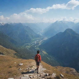 A young boy trekking with a breathtaking panoramic view from the top of a vast valley.