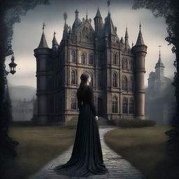 This is a highly detailed digital art of a 19th-century Gothic castle, intricately designed with dark satins