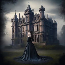 This is a highly detailed digital art of a 19th-century Gothic castle, intricately designed with dark satins