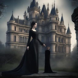 This is a highly detailed digital art of a 19th-century Gothic castle, intricately designed with dark satins