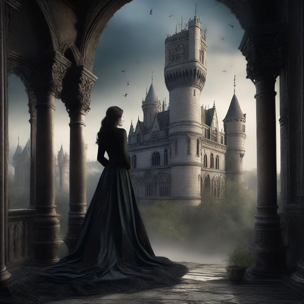 This is a highly detailed digital art of a 19th-century Gothic castle, intricately designed with dark satins