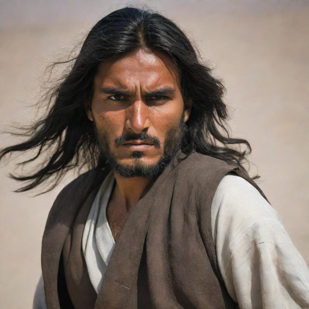 A strong, long-haired Afghani man, showing signs of a grueling battle, as he fights bravely and fiercely with his sword in action.