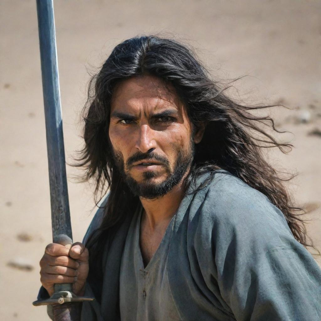 A strong, long-haired Afghani man, showing signs of a grueling battle, as he fights bravely and fiercely with his sword in action.