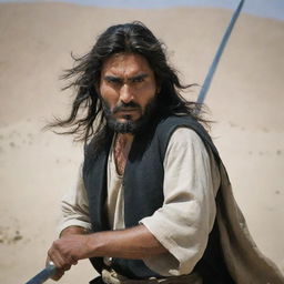 A strong, long-haired Afghani man, showing signs of a grueling battle, as he fights bravely and fiercely with his sword in action.