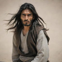 A strong, long-haired Afghani man, showing signs of a grueling battle, as he fights bravely and fiercely with his sword in action.