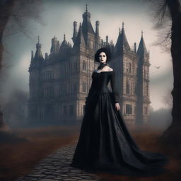 A highly detailed digital art piece showcasing an 18th-century dark Gothic castle, exuding an air of mystery and intrigue