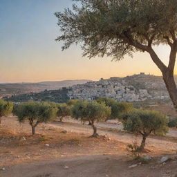 A peaceful landscape of Palestine with olive trees, traditional stone houses, blue skies and the setting sun in the backdrop.