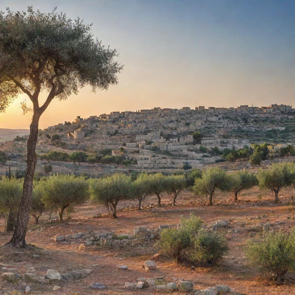 A peaceful landscape of Palestine with olive trees, traditional stone houses, blue skies and the setting sun in the backdrop.