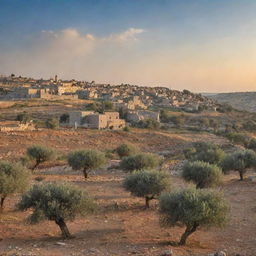 A peaceful landscape of Palestine with olive trees, traditional stone houses, blue skies and the setting sun in the backdrop.