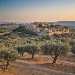 A peaceful landscape of Palestine with olive trees, traditional stone houses, blue skies and the setting sun in the backdrop.