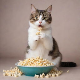 A playful cat seated, delightfully eating popcorn from a bowl