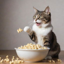 A playful cat seated, delightfully eating popcorn from a bowl