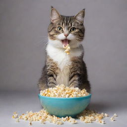 A playful cat seated, delightfully eating popcorn from a bowl