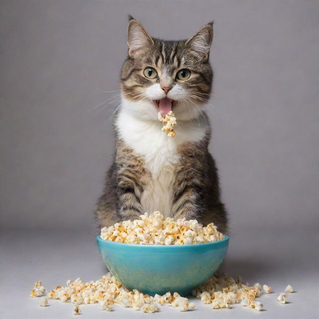 A playful cat seated, delightfully eating popcorn from a bowl