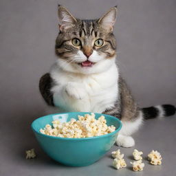 A playful cat seated, delightfully eating popcorn from a bowl