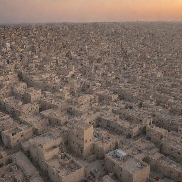 A panoramic view of Gaza city during sunset, highlighting historic buildings, bustling markets, and picturesque streets.