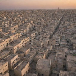 A panoramic view of Gaza city during sunset, highlighting historic buildings, bustling markets, and picturesque streets.