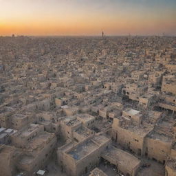 A panoramic view of Gaza city during sunset, highlighting historic buildings, bustling markets, and picturesque streets.