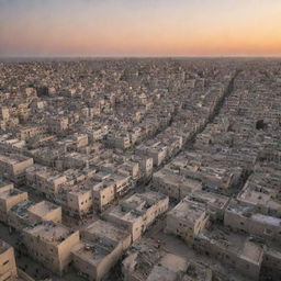 A panoramic view of Gaza city during sunset, highlighting historic buildings, bustling markets, and picturesque streets.
