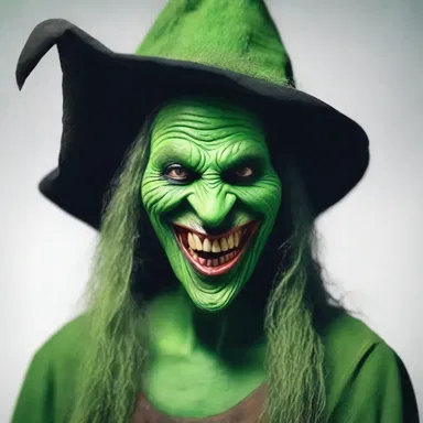 The evil witch in the story was described as a hideous being with green skin, a crooked nose, and a cackling laugh.
