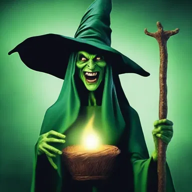 The evil witch in the story was described as a hideous being with green skin, a crooked nose, and a cackling laugh.