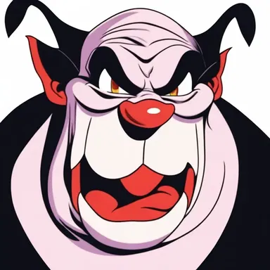 The villain in the cartoon had a hideous appearance with exaggerated features, such as a large hunchback, sharp teeth, and glowing red eyes.