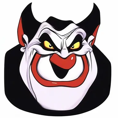 The villain in the cartoon had a hideous appearance with exaggerated features, such as a large hunchback, sharp teeth, and glowing red eyes.