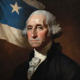 A classical oil portrait of George Washington with an Argentine Flag behind him against a dark brown backdrop.