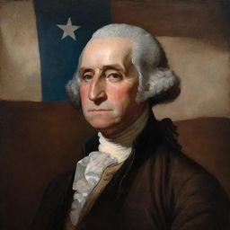 A classical oil portrait of George Washington with an Argentine Flag behind him against a dark brown backdrop.