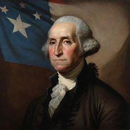 A classical oil portrait of George Washington with an Argentine Flag behind him against a dark brown backdrop.