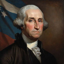 A classical oil portrait of George Washington with an Argentine Flag behind him against a dark brown backdrop.