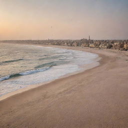 Gaza's beauty, featuring its stunning beaches, historical landmarks, bustling markets, and lively streets. All basked in the soft glow of a setting sun.