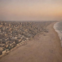 Gaza's beauty, featuring its stunning beaches, historical landmarks, bustling markets, and lively streets. All basked in the soft glow of a setting sun.