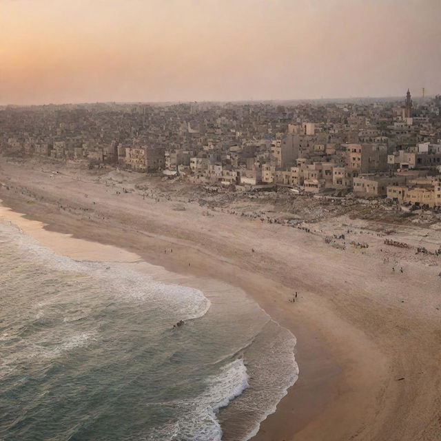 Gaza's beauty, featuring its stunning beaches, historical landmarks, bustling markets, and lively streets. All basked in the soft glow of a setting sun.