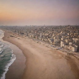 Gaza's beauty, featuring its stunning beaches, historical landmarks, bustling markets, and lively streets. All basked in the soft glow of a setting sun.