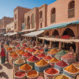 A vibrant Moroccan marketplace with traditional architecture, bustling vendors selling colorful spices, textiles, and ceramics, under a sun-drenched sky.