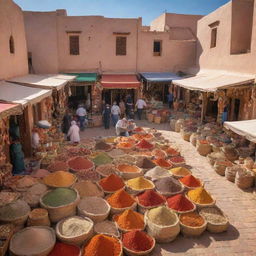 A vibrant Moroccan marketplace with traditional architecture, bustling vendors selling colorful spices, textiles, and ceramics, under a sun-drenched sky.