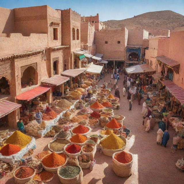 A vibrant Moroccan marketplace with traditional architecture, bustling vendors selling colorful spices, textiles, and ceramics, under a sun-drenched sky.