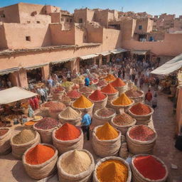 A vibrant Moroccan marketplace with traditional architecture, bustling vendors selling colorful spices, textiles, and ceramics, under a sun-drenched sky.