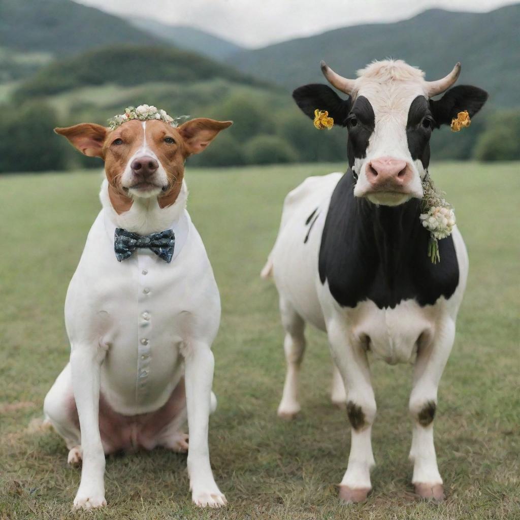 A charming dog and a cow in wedding attire in a whimsical wedding ceremony