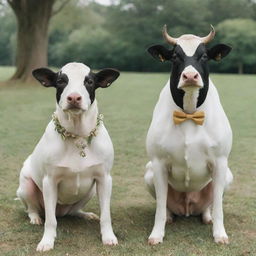 A charming dog and a cow in wedding attire in a whimsical wedding ceremony