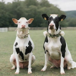 A charming dog and a cow in wedding attire in a whimsical wedding ceremony