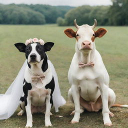 A charming dog and a cow in wedding attire in a whimsical wedding ceremony