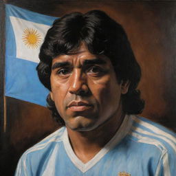 A classical oil portrait of Diego Armando Maradona featuring an Argentine flag behind him, set against a dark brown background.