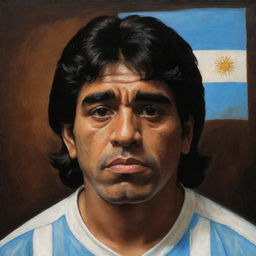 A classical oil portrait of Diego Armando Maradona featuring an Argentine flag behind him, set against a dark brown background.