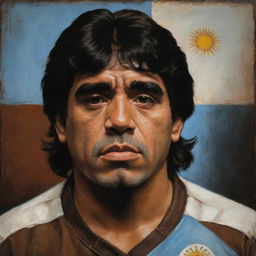 A classical oil portrait of Diego Armando Maradona featuring an Argentine flag behind him, set against a dark brown background.