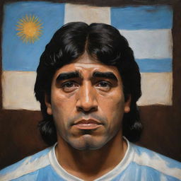 A classical oil portrait of Diego Armando Maradona featuring an Argentine flag behind him, set against a dark brown background.