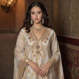 A stunning Moroccan princess donned in a traditional, intricately embroidered Moroccan kaftan, showcasing the rich cultural aesthetics.