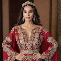 A stunning Moroccan princess donned in a traditional, intricately embroidered Moroccan kaftan, showcasing the rich cultural aesthetics.