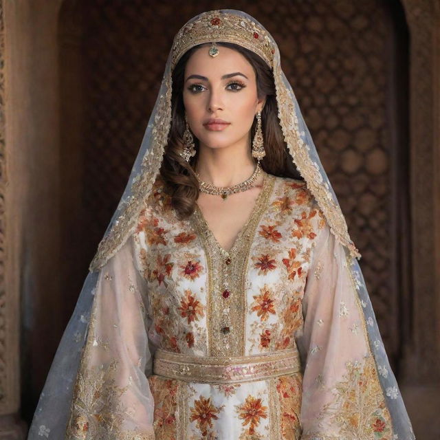 A stunning Moroccan princess donned in a traditional, intricately embroidered Moroccan kaftan, showcasing the rich cultural aesthetics.